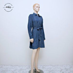 NWT Loft Denim Long Sleeve Button Down Waist Tie Midi Dress with Flounced Hem